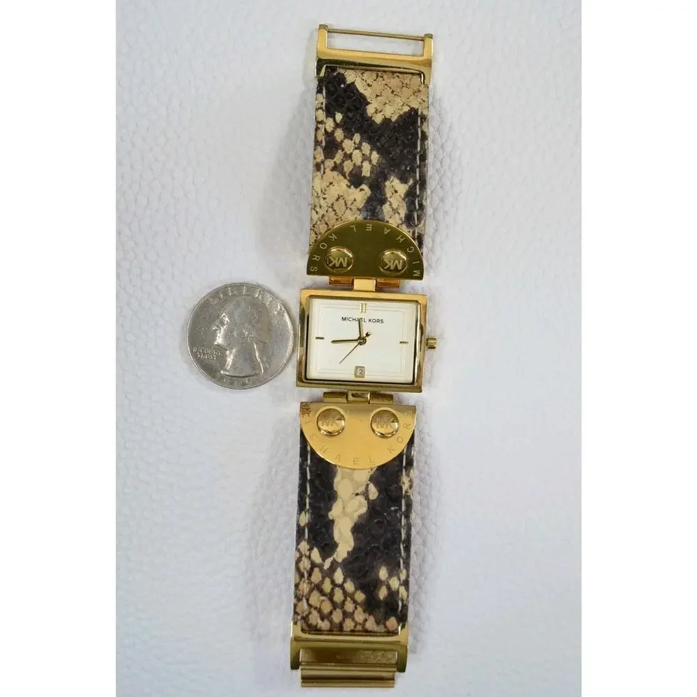 Michael Kors MK2114 Gold Square Watch Brown Python Snake Leather Band Date Dial